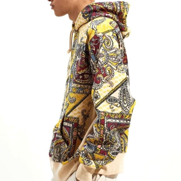 CHAMPION Reverse Weave Paisley Hoodie Sweater Men's Size Small Beige Yellow - Picture 2 of 12